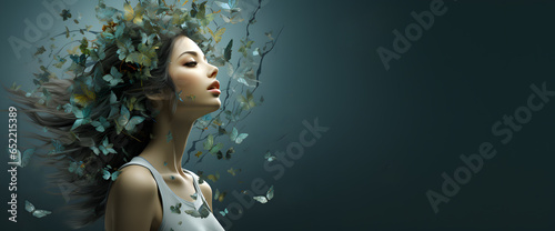Mental health and creative abstract concept, Colorful illustration of Happy woman head with flowers and butterflies, Mindfulness and self care idea. Isolated banner background photo