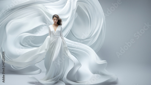 Hübsche Model Frau in eleganten weißen fliegenden Kleid mit langer Schleppe beim Catwalk, ai generativ