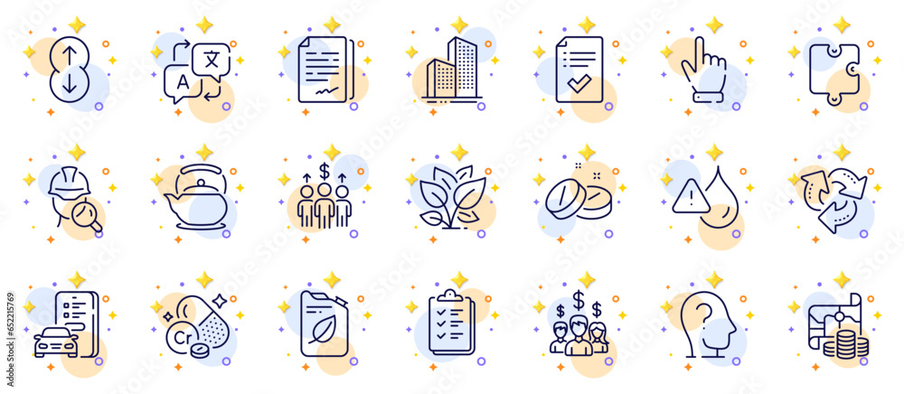 Outline set of Teapot, Leaf and Inspect line icons for web app. Include Meeting, Treasure map, Translate pictogram icons. Salary employees, Approved checklist, Psychology signs. Recycle. Vector Outline set of Teapot, Leaf and Inspect line icons for web app. Include Meeting, Treasure map, Translate pictogram icons. Salary employees, Approved checklist, Psychology signs. Recycle. Vector