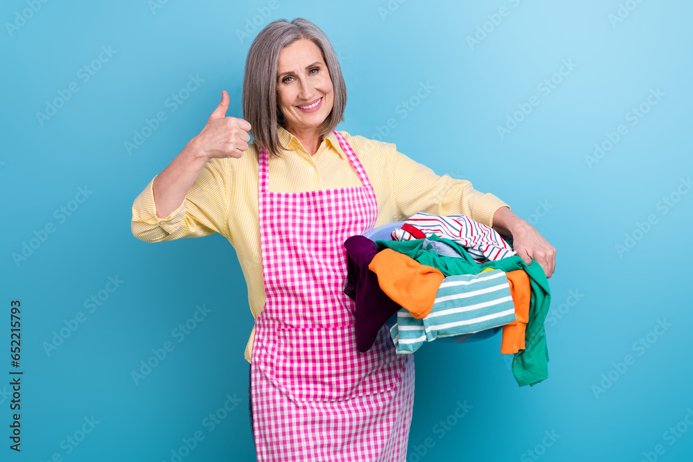 Portrait of satisfied nice aged lady hold laundry basin arm fingers demonstrate okey symbol isolated on blue color background Portrait of satisfied nice aged lady hold laundry basin arm fingers demonstrate okey symbol isolated on blue color background