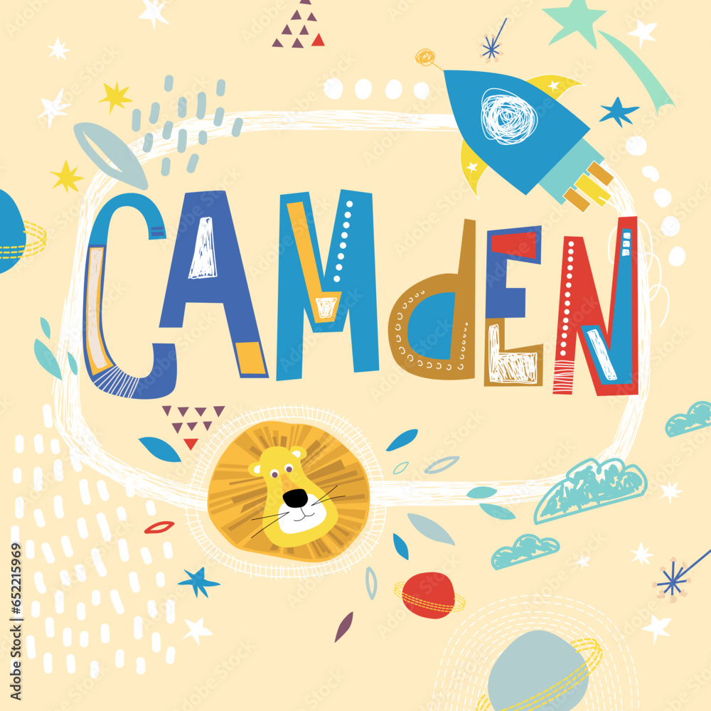 Bright card with beautiful name Camden in planets, lion and simple forms. Awesome male name design in bright colors. Tremendous vector background for fabulous designs