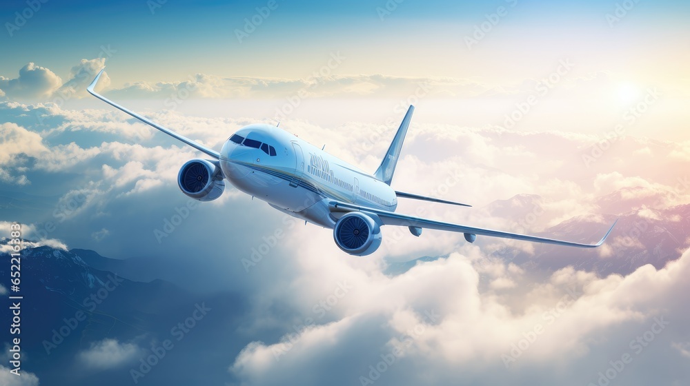serenity of a passenger airliner soaring through the clouds - obrazy, fototapety, plakaty 