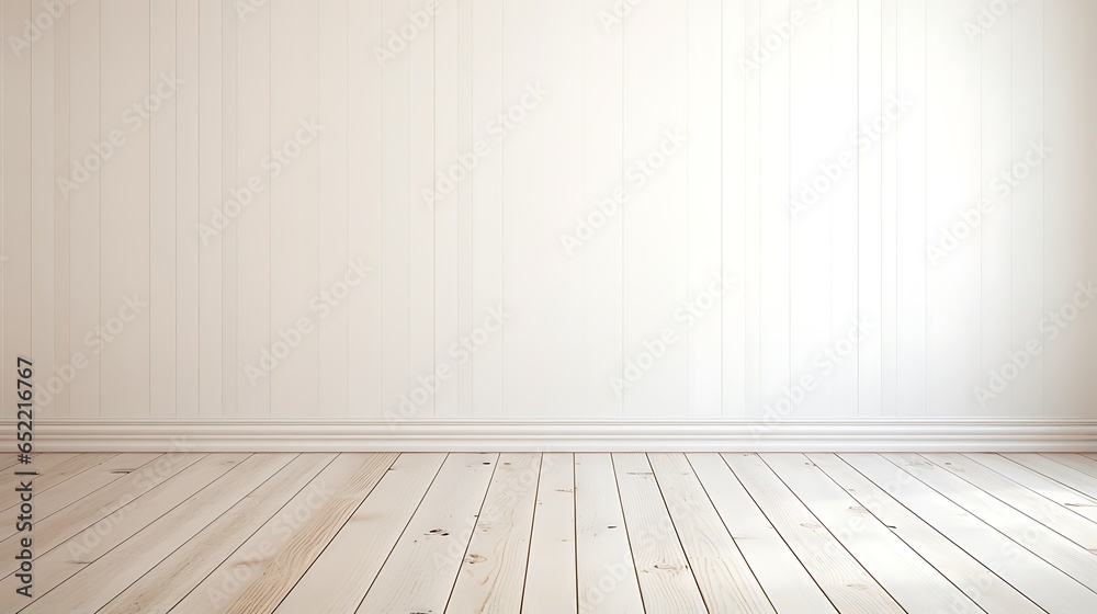 Naklejka premium Empty room with a wooden floor and Wooden Wall textured Background, Interior design, 3D illustration, white blank wall and wooden floor.