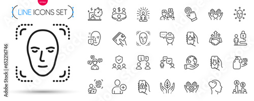 Pack of Consulting business, Fair trade and Face biometrics line icons. Include Face attention, Wallet, Computer fingerprint pictogram icons. People insurance, Ab testing, Add user signs. Vector