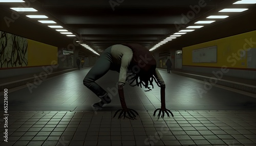 man walking on all fours like a crab back bent stomach facing upwards at night in a subway station 8k realistic 