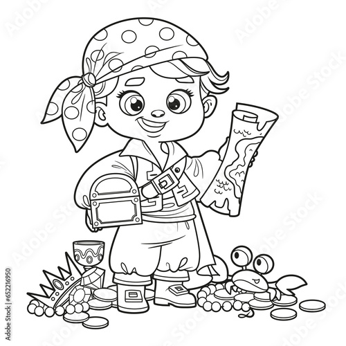 Cute cartoon pirate boy with treasure map and chest outlined for coloring page on white background