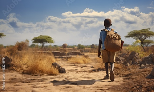 poor african school kid at arid land, ai generative photo