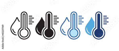 Water Temperature Indicator Silhouette and Line Icon Set. Mercury Thermometer and Water Drop Color Pictogram. Temperature and Humidity Level Sign Collection. Isolated Vector Illustration.