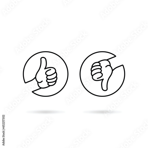 black round thin line thumbs up and down. concept of survey arm gesture like live or die and correct or incorrect people responsiveness. linear modern ui logotype graphic design isolated on white