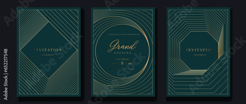 Luxury invitation card background vector. Golden elegant geometric shape, gold lines gradient on green background. Premium design illustration for gala card, grand opening, party invitation, wedding.