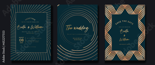 Luxury invitation card background vector. Golden elegant geometric shape, gold lines gradient on green background. Premium design illustration for gala card, grand opening, party invitation, wedding.