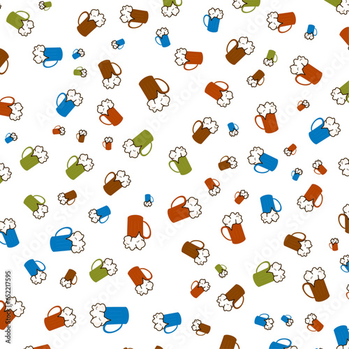 Patterning of draft colorful beer mugs with foam on white background. oktoberfest seamless pattern. Pattern for web page, textile, wallpaper,banner,poster.