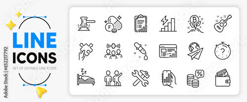Checklist, Fluorine mineral and Quiz line icons set for app include Web report, Medical staff, Teamwork outline thin icon. Bitcoin project, Debit card, Sleep pictogram icon. Guitar. Vector