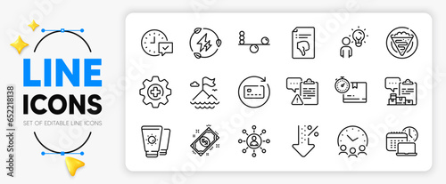 Networking, Cardboard box and Crepe line icons set for app include Balance, Medicine, Sunscreen outline thin icon. Low percent, Work time, Inventory report pictogram icon. Mountain flag. Vector