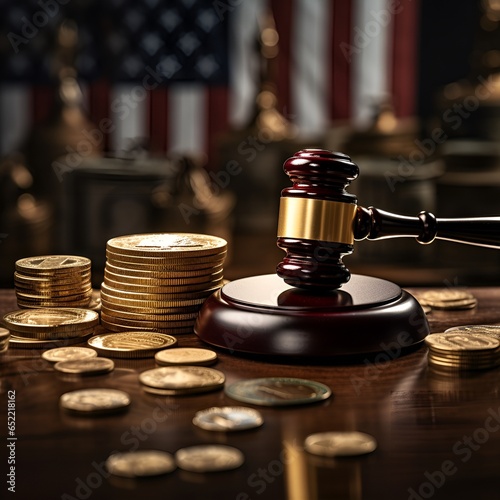 judge gavel and pile of gold coins and american flag background, ai generative