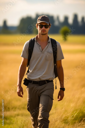 Man walking through field with backpack on.