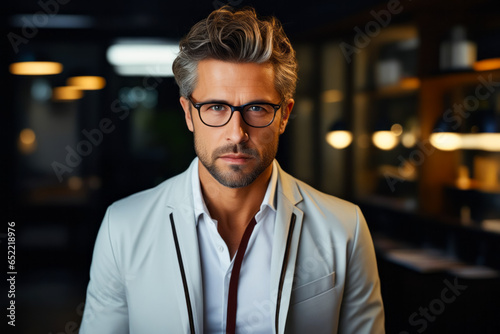 Man with glasses and white shirt and tie. photo