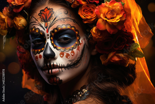 Dia de los muertos, Day of The Dead, a Woman with sugar skull makeup
