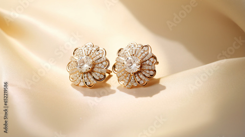 Gold earrings with diamonds on soft beige background