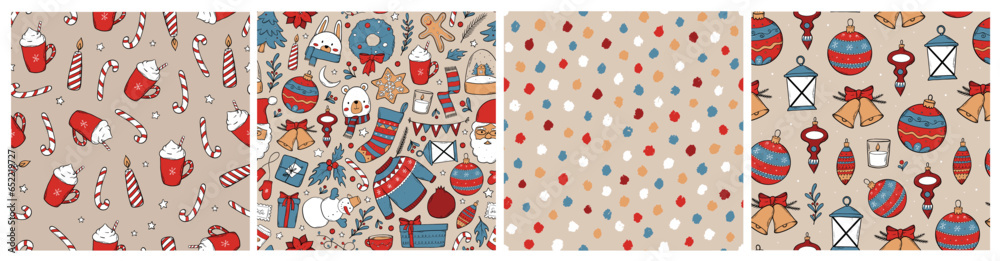 set of 4 seamless Christmas patterns decorated with doodles for wallpaper, prints, wrapping paper, scrapbooking, stationary, textile, gift wrap, packaging, etc. EPS 10