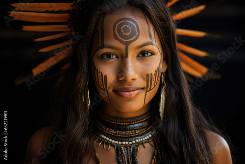 Indigenous Brazilian young woman, Portrait of guarani ethnicity photo