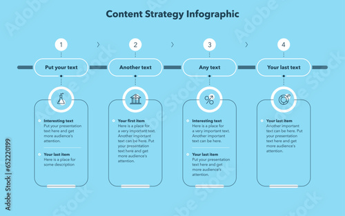 Content strategy template with four stages and place for your text - blue version. Presentation template with thin lines and minimalistic icons.