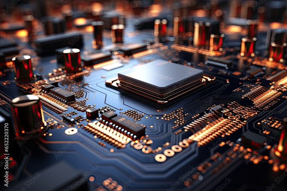 Advanced Technology Concept Visualization: Circuit Board CPU Processor Microchip Starting Artificial Intelligence Digitalization of Neural Networking and Cloud Computing. Digital Lines Move Data