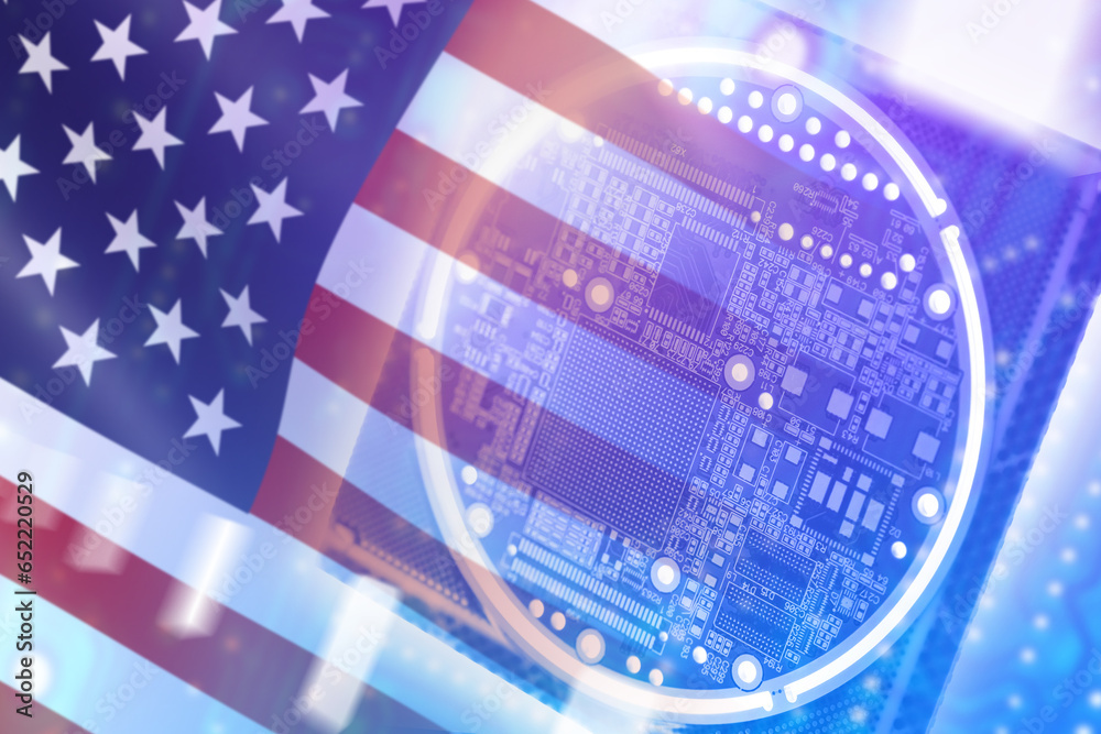 Foto de Microprocessor with USA flag. Digital board made in USA