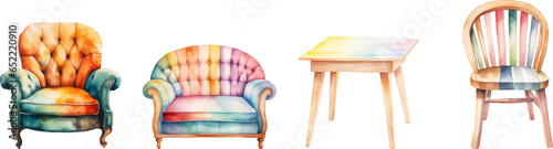 Set of watercolor sofas, tables, chairs on white background.