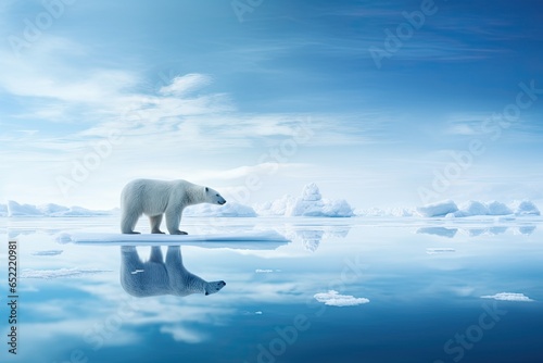 Lonely polar bear standing on an ice floe with blue colors and cool tones. Generative AI