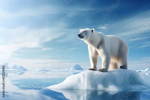 Lonely polar bear standing on an ice floe with blue colors and cool tones. Generative AI