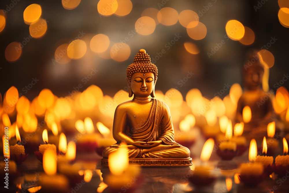 Buddha statue among candles, blurred background 4