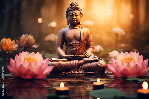 Buddha statue among candles and lotus flowers  blurred golden background 6