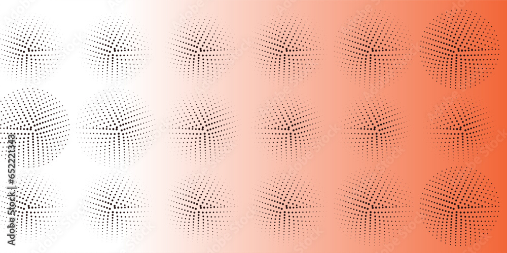 Halftone circle. Abstract dotted circles, round halftones geometric dots gradients and pop art textures.