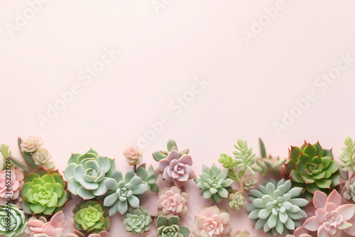 Arrangement of succulents against a pink background with copy space. Flat lay photo