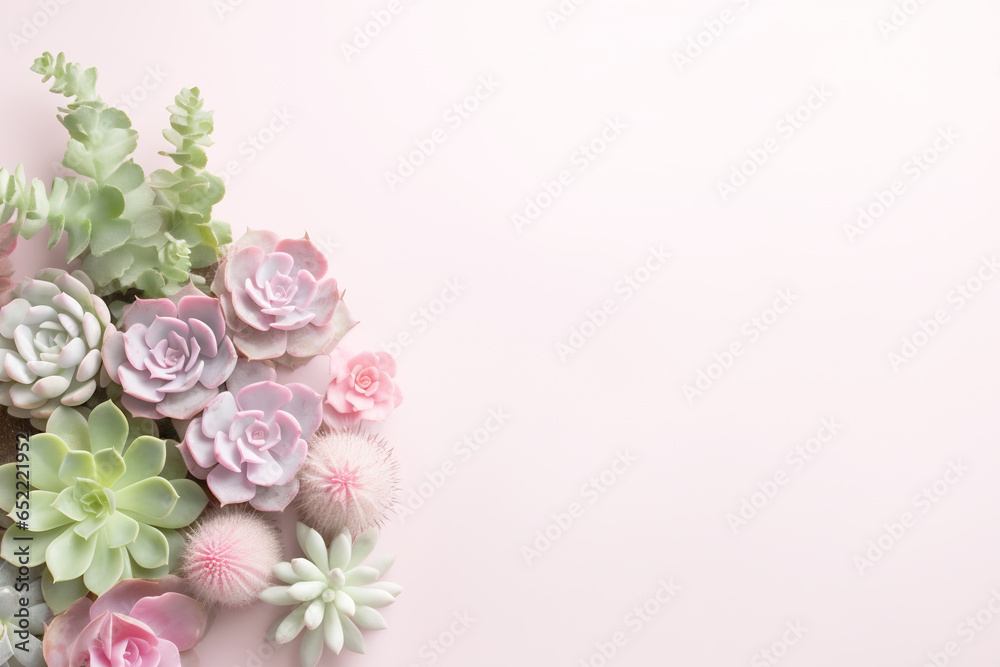 Arrangement of succulents against a pink background with copy space. Flat lay