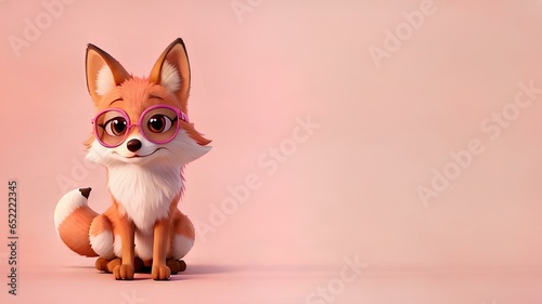 cute smiling fox wearing glasses pink background with empty space side © savior