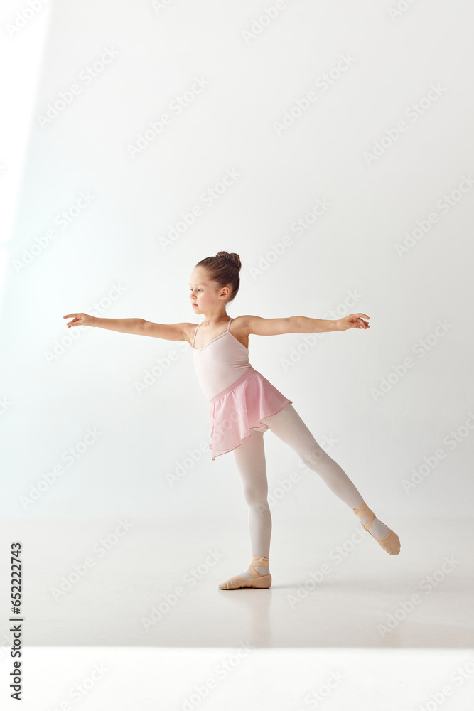 Portrait of small pretty school bun ballerina dancer girl in rose tutu ballet dress, white legging standing posing hold hands and leg up on white background.