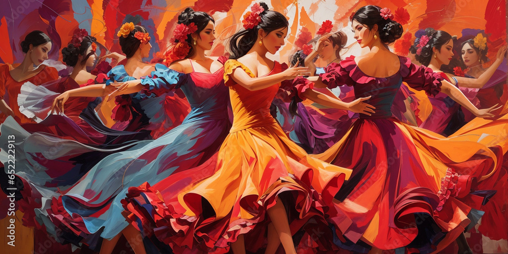 Flamenco Spanish Dancers abstract art with vivid passionate colors, digital art,