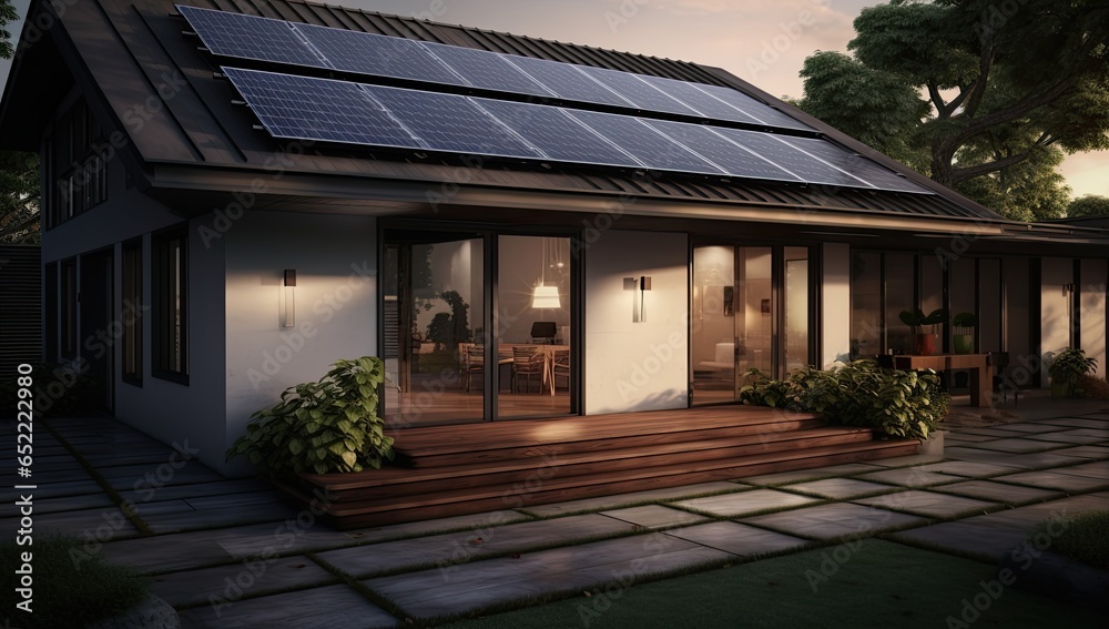 Black solar panels on the roof. Beautiful, large modern house and solar energy. Generative AI