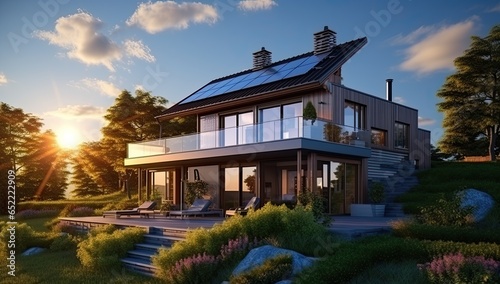 Black solar panels on the roof. Beautiful, large modern house and solar energy. Generative AI