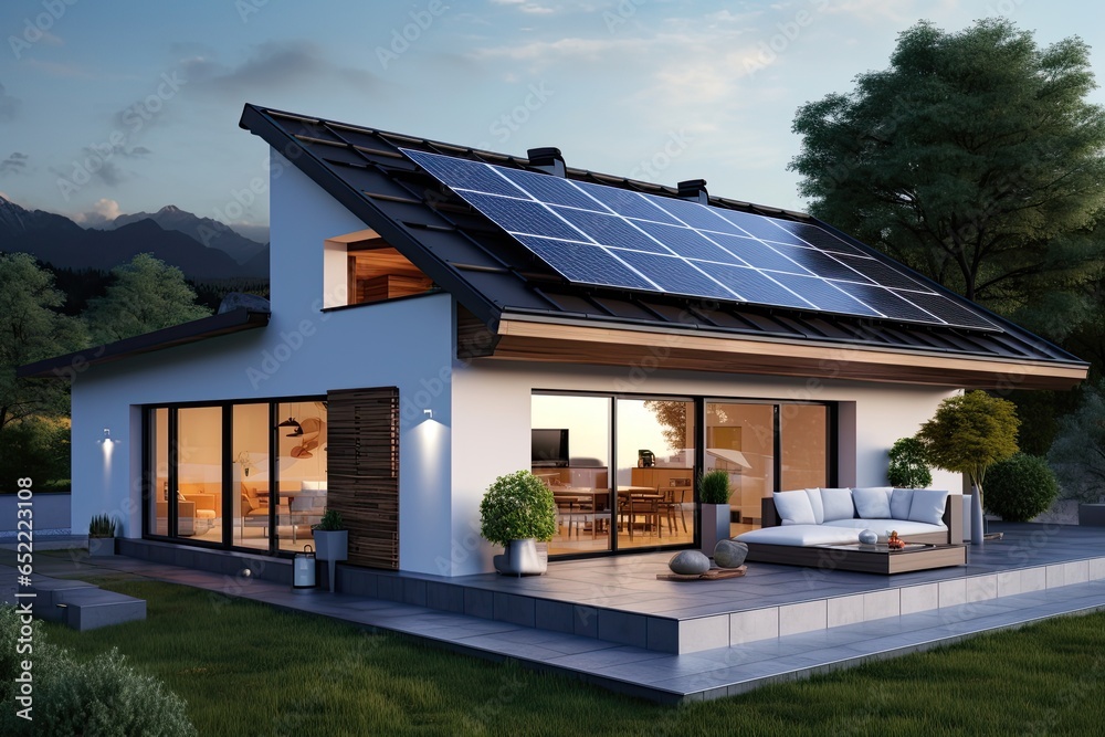 Black solar panels on the roof. Beautiful, large modern house and solar energy. Generative AI