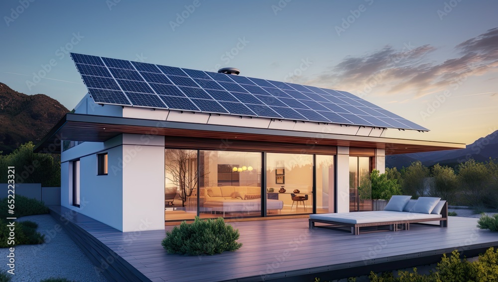 Fototapeta premium Modern house with solar panels on the roof. Generative AI
