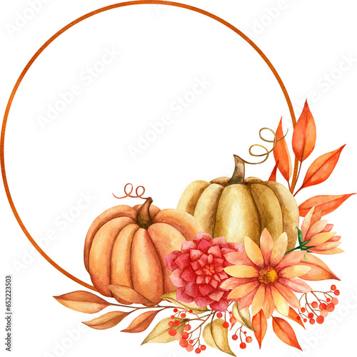 Watercolor round  of autumn leaves, flowers and pumpkins. Cute and cozy illustration