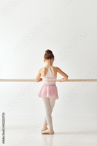 Rear view portrait of small adorable ballerina dancer girl in rose tutu ballet dress on pointe shoes classic variation. Education lessons in dance school