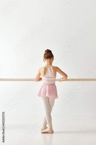 Canvastavla Rear view portrait of small adorable ballerina dancer girl in rose tutu ballet dress on pointe shoes classic variation
