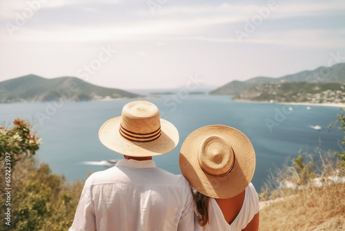 Travel and tourism. Family couple standing back and enjoying view together