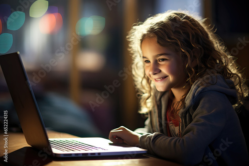 young girl sitting in front of computer, ai generate