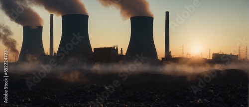 Nuclear power plant with smoke and sunset. Highly detailed and realistic concept design illustration photo