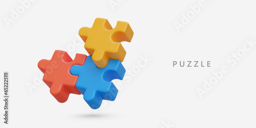 Realistic puzzle of colored pieces. Children toy. Logical problem, riddle. Vector color poster with text. Business solutions, teamwork. Puzzle shop template